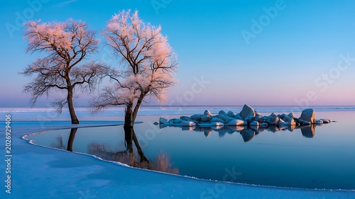 Serene winter landscape showcasing icy trees on the water with frozen frost and a stunning clear blue sky