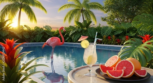 Vibrant tropical paradise scene featuring a playful pink flamingo by a sparkling pool, refreshing citrus cocktail, and fresh grapefruit slices under a beautiful sunset glow