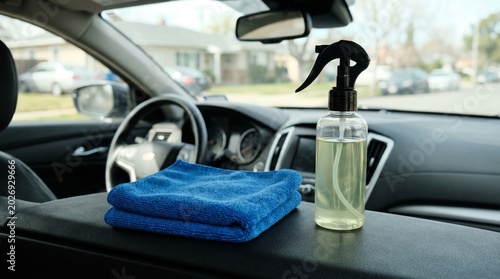 Microfiber cloth on car and cleanser