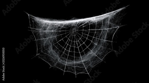Delicate, wispy spider web spun across darkness, ethereal and intricate