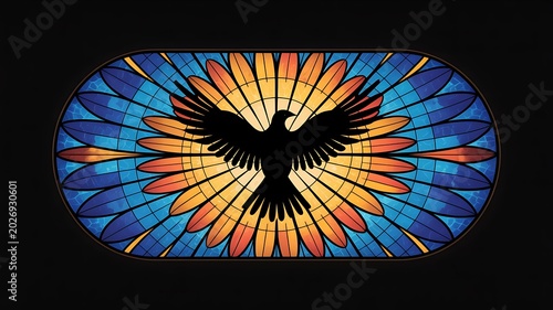 Silhouette of a raven in a stained glass window with vibrant colors and an oval decorative design