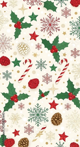 Festive Christmas Pattern with Candy Cane Holly Snowflake and Star Decorations on Cream Background