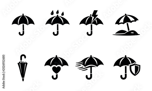 Collection of diverse umbrella icons representing weather protection and safety