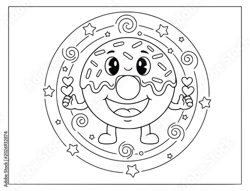 Принти на полотні Doughnut coloring page for kids features a happy cartoon character with stars