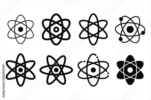 Atom icons set black and white vector illustrations on white background