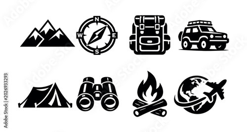 Fotografía Adventure icons: mountains, compass, backpack, and camping gear