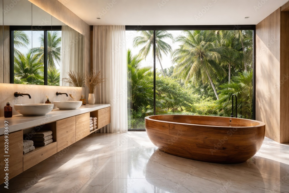 Fototapeta premium Stylish bathroom scene with wooden bathtub, white flooring, large window displaying tropical palms and sleek sinks