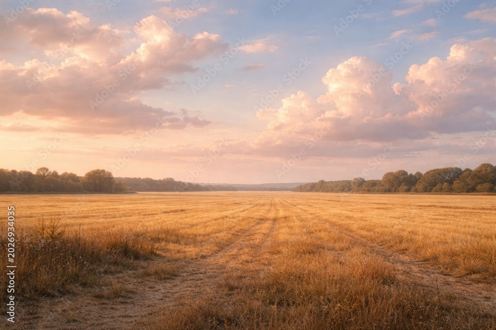 Fototapeta premium Calm landscape of a wide field with gentle pastel sky and fluffy clouds over dry yellowish soil in quiet surroundings