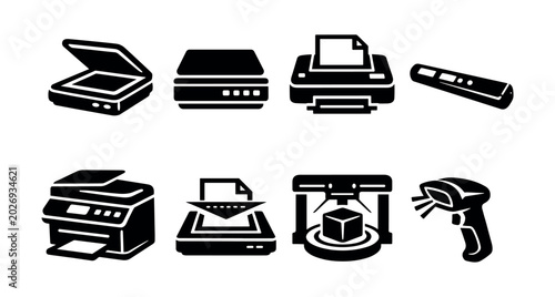 Photos Collection of office and technology equipment icons including scanners, printers