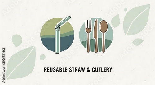 Reusable Straw and Cutlery Icons Displayed on Eco Friendly Leaf Background