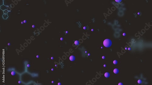 Cluster of violet spheres moving after camera pan, drifting, expanding, revealing molecular layout