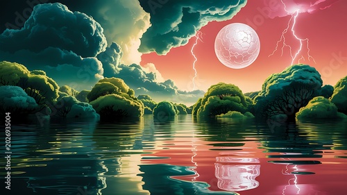 Surreal lake landscape depicting stormy sky with lightning and dreamlike clouds over emerald trees