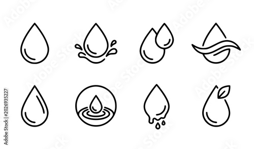 Εκτύπωση καμβά Water drop outline vector icon set with liquid aqua symbols and fresh hydration