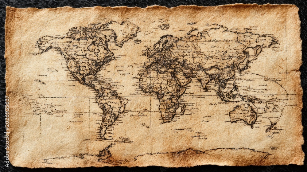 Obraz premium Vintage parchment paper displays a detailed world map with aged textures.