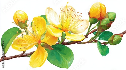 Vibrant yellow apricot blossoms bloom on a slender tree branch against a white background.