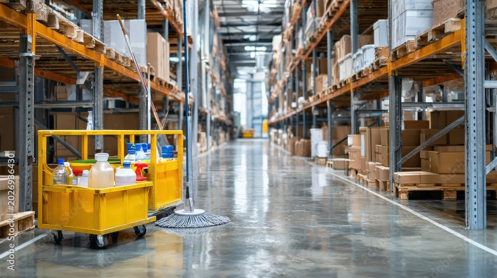 Fototapeta premium Cleaning supplies sit in a yellow cart within a large warehouse aisle.