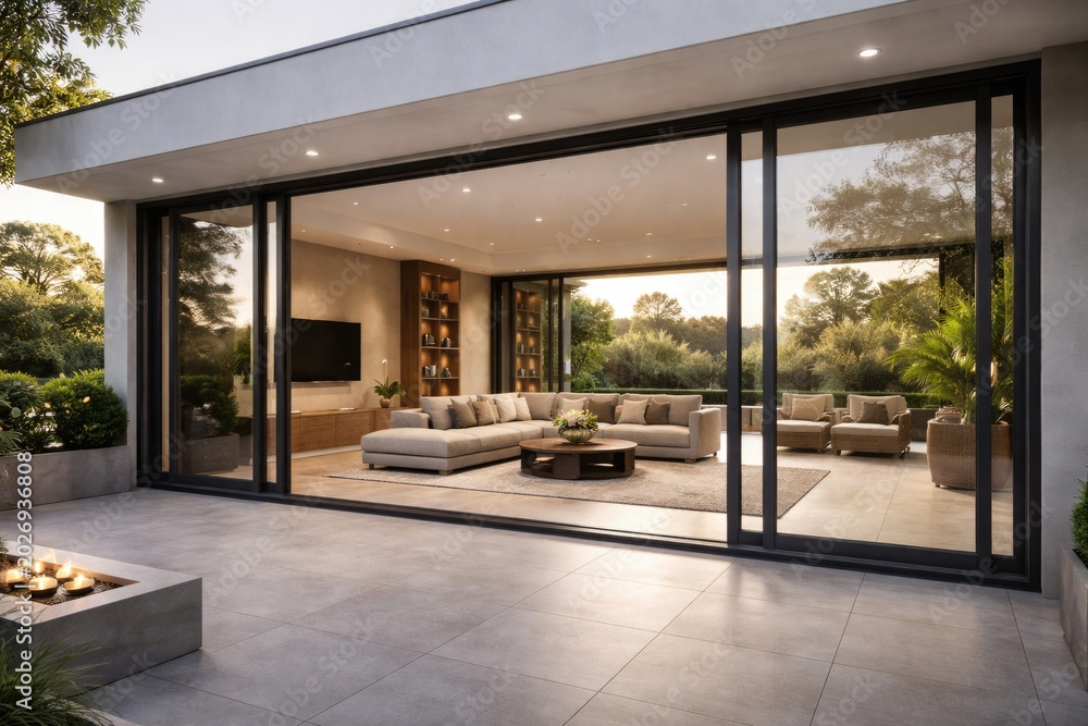 Fototapeta premium Upgraded home design showcasing triple sliding doors connecting lounge to open tiled deck