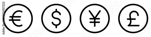 Photos Set of outline world currency symbols in circles including euro, dollar, yen and pound sterling icons