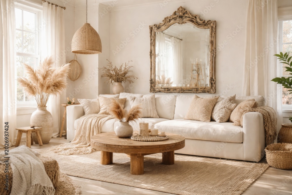 Fototapeta premium Relaxed boho living space with creamy white palette and vintage mirror