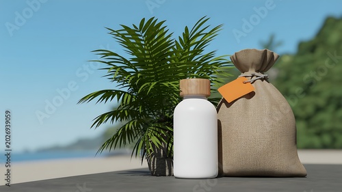 Tropical scene with a bottle, a sack, and palm leaves with a tag set against a blurred beach landscape.
