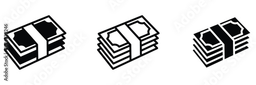 Three black and white icon variations of stacks of money bills