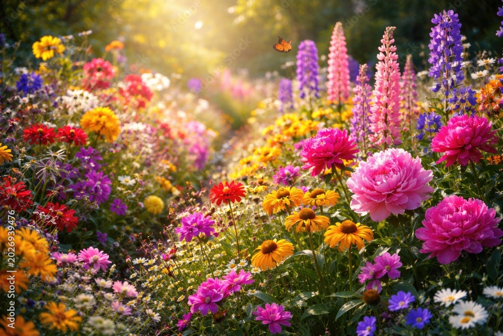 Obraz premium Various flowering plants blooming with lively petals in colorful garden setting