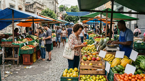 Busy outdoor market scene with vendors selling fresh fruits and vegetables under colorful umbrellas on a cobblestone street.