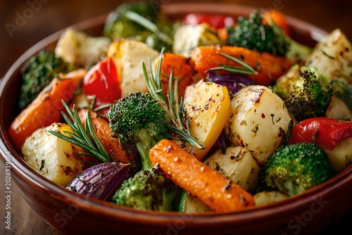 A close-up, overhead shot of a rustic bowl filled with colorful, roasted vegetables. The vibrant assortment includes carrots, broccoli florets, red onions, and potatoes.