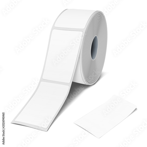 Label sticker roll tape. Mock-up. White blank adhesive labels on spool. Realistic 3d vector mockup. Rectangle sticky paper sheet tag bobbin. Template for design