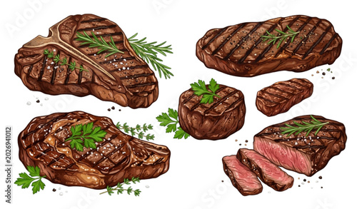 Foto Gourmet steak cuts illustration ribeye filet mignon new york strip and t bone
