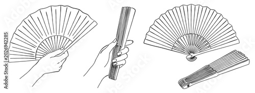 Fototapeta 和風の扇子を持つ手と開閉状態のセット線画イラスト｜扇子 和小物 夏 日本文化 ベクター