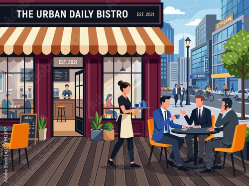 фотографія Modern Urban Bistro Scene with Business People Having Coffee and City Street Vie