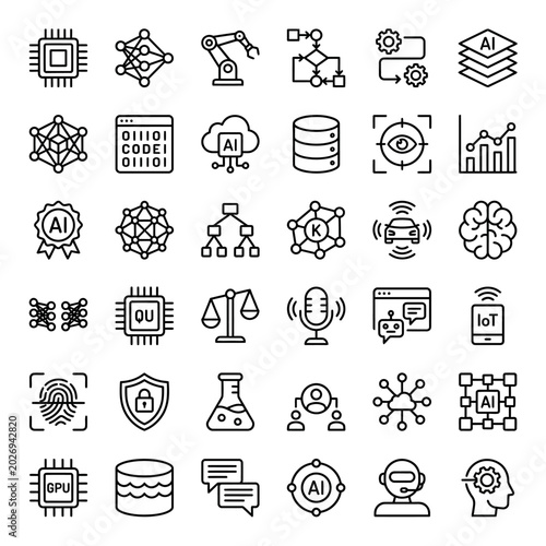 A collection of various technology and science icons featuring AI, robotics, coding, and data analysis on a white background.