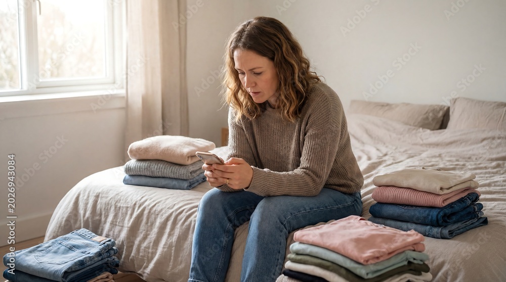 Obraz premium Woman sitting on bed with folded clothes looking at phone