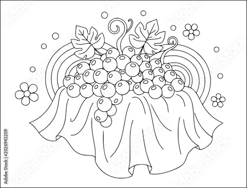 Grape coloring book page with a cluster of fruit on a draped cloth