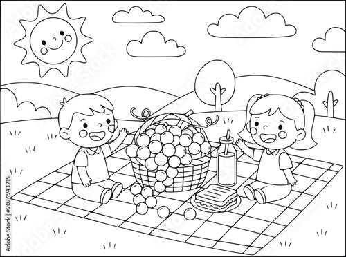  Grapes coloring book page with children having a picnic in a sunny park