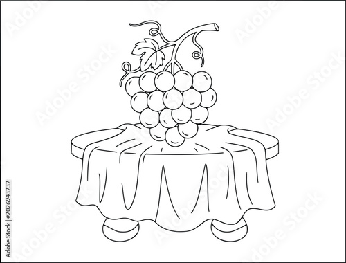 Grapes coloring book page with a fresh bunch on a table with a tablecloth
