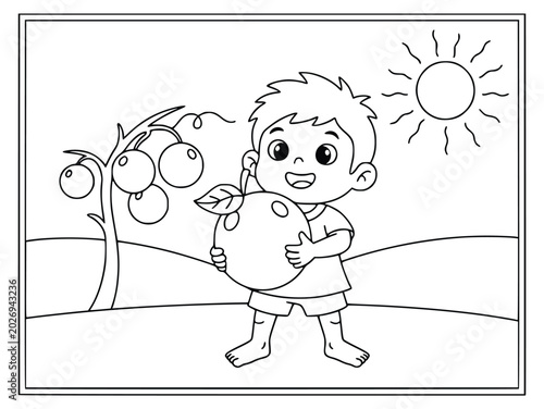 Orange coloring book page with a happy boy holding a large fruit in a sunny field