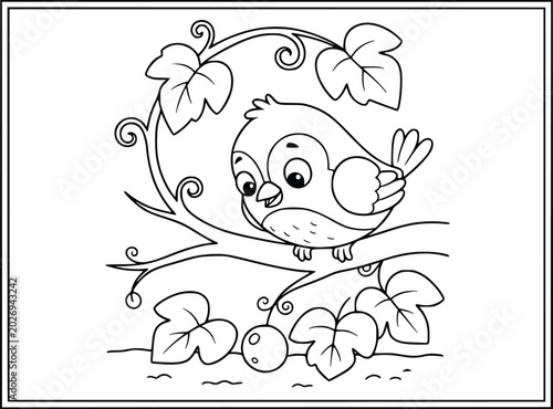  Grapes coloring book page with a cute bird perched on a vine branch