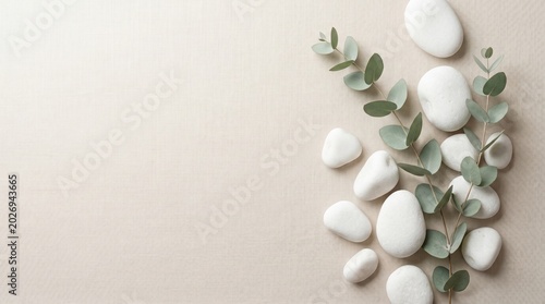 Minimal Zen Background with Green Leaves and White Stones