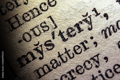 Word mystery on dictionary page, macro close up