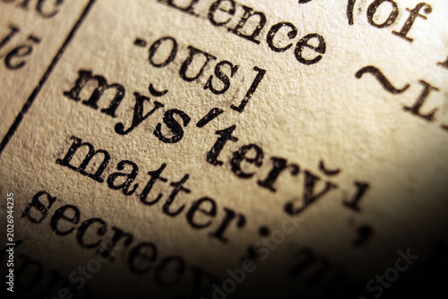 Word mystery on dictionary page, macro close up