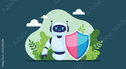 Friendly white robot holding a large protective shield with pink and blue sections to represent artificial intelligence security and safety.