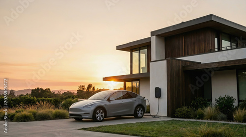 Silver Tesla Model 3 parked at modern home charging station during golden hour sunset with hills in background