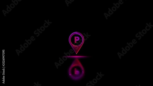 Neon glowing Parking Icon Pin Marker video animation on black background. Parking location, icon of parking location animation. Neon car, cycle, truck, motorcycle, zeep parking sign video animation.