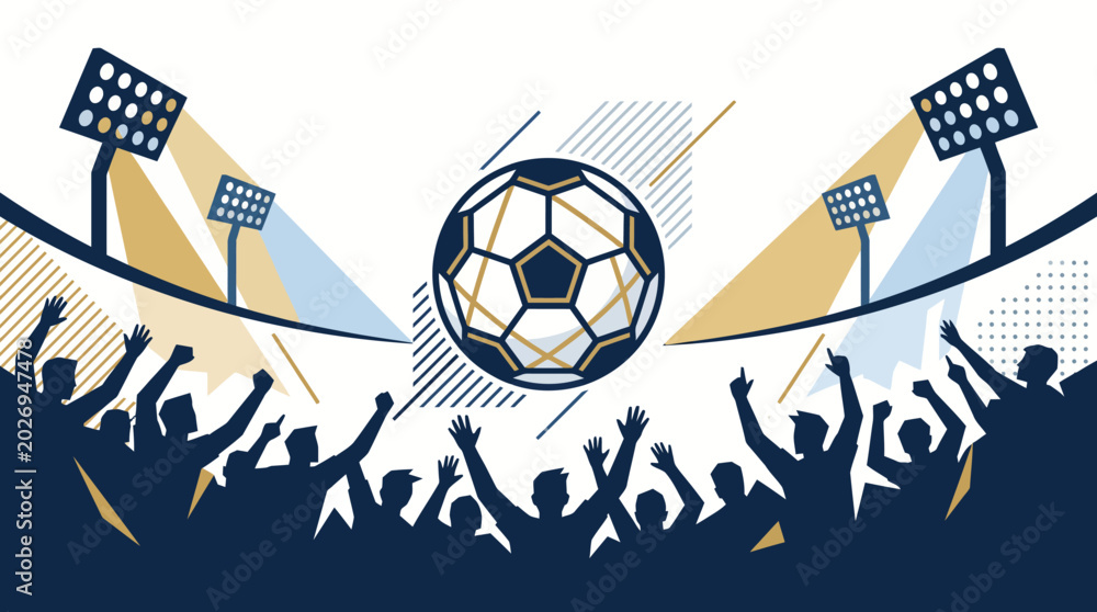 Naklejka premium Flying soccer ball above cheering crowd silhouette in stadium vector illustration. 