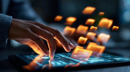 A hand silhouette manages softly defocused digital documents and folders on a glowing tablet with secure file icons in a moody dark office document management faceless detail