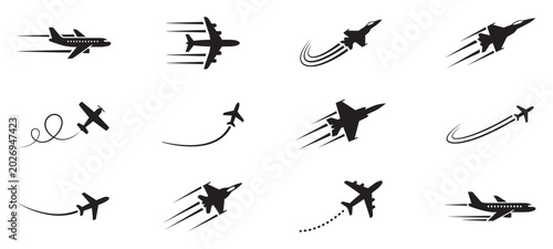 Airplane icon set with flight motion trails. Flying aircraft jet and passenger plane silhouettes. Aviation travel, air force, speed and delivery concept. Flat vector illustration.