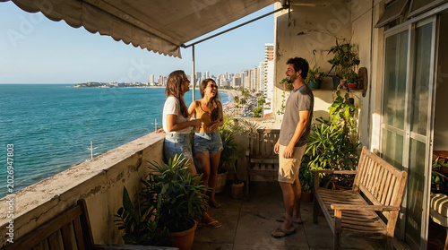 Three friends stand on a sunny seaside balcony overlooking the ocean with city skyline in background near beach resort area.