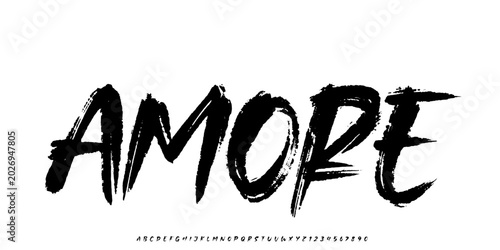 Schilderij op canvas Hand drawn brush grunge alphabet with rough ink texture featuring bold “amore” lettering composition